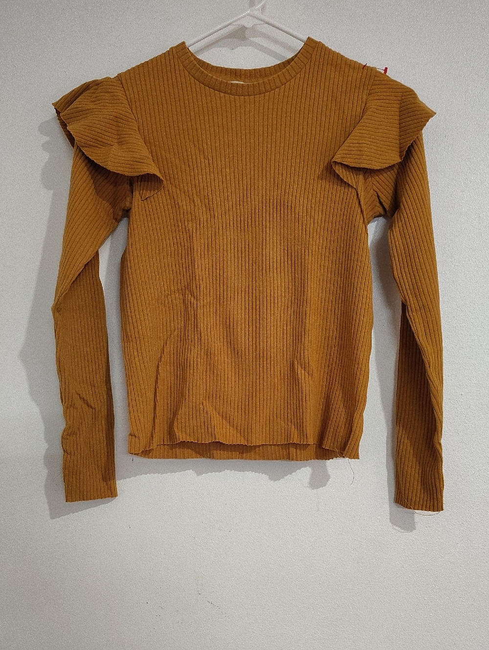 Zara Mustard Ribbed Long-Sleeve Top with Ruffle Shoulders